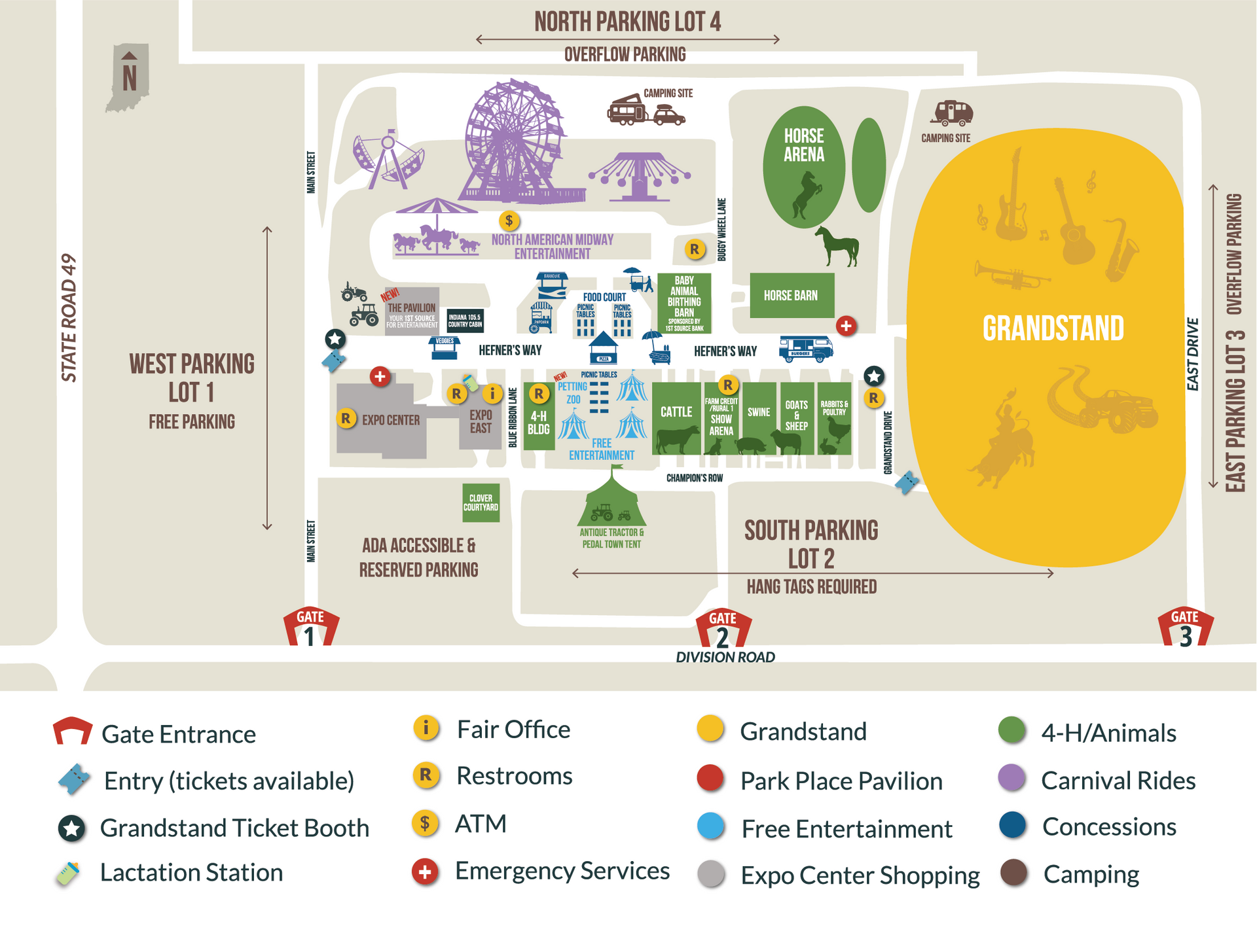 Fairground map: includes entry points, parking, rides, food, restrooms, and Grandstand.