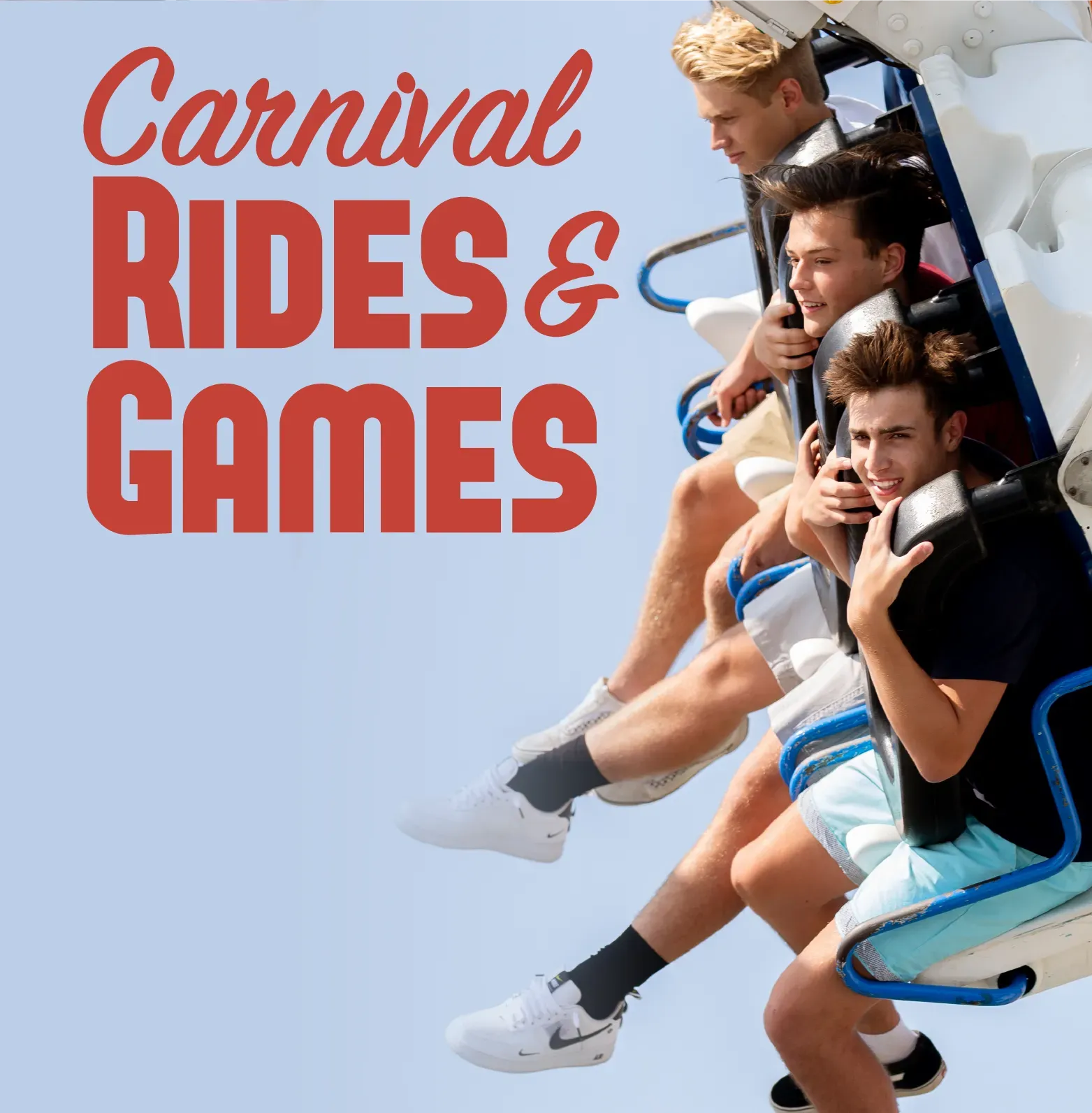 Three young people on a carnival ride. Text reads 