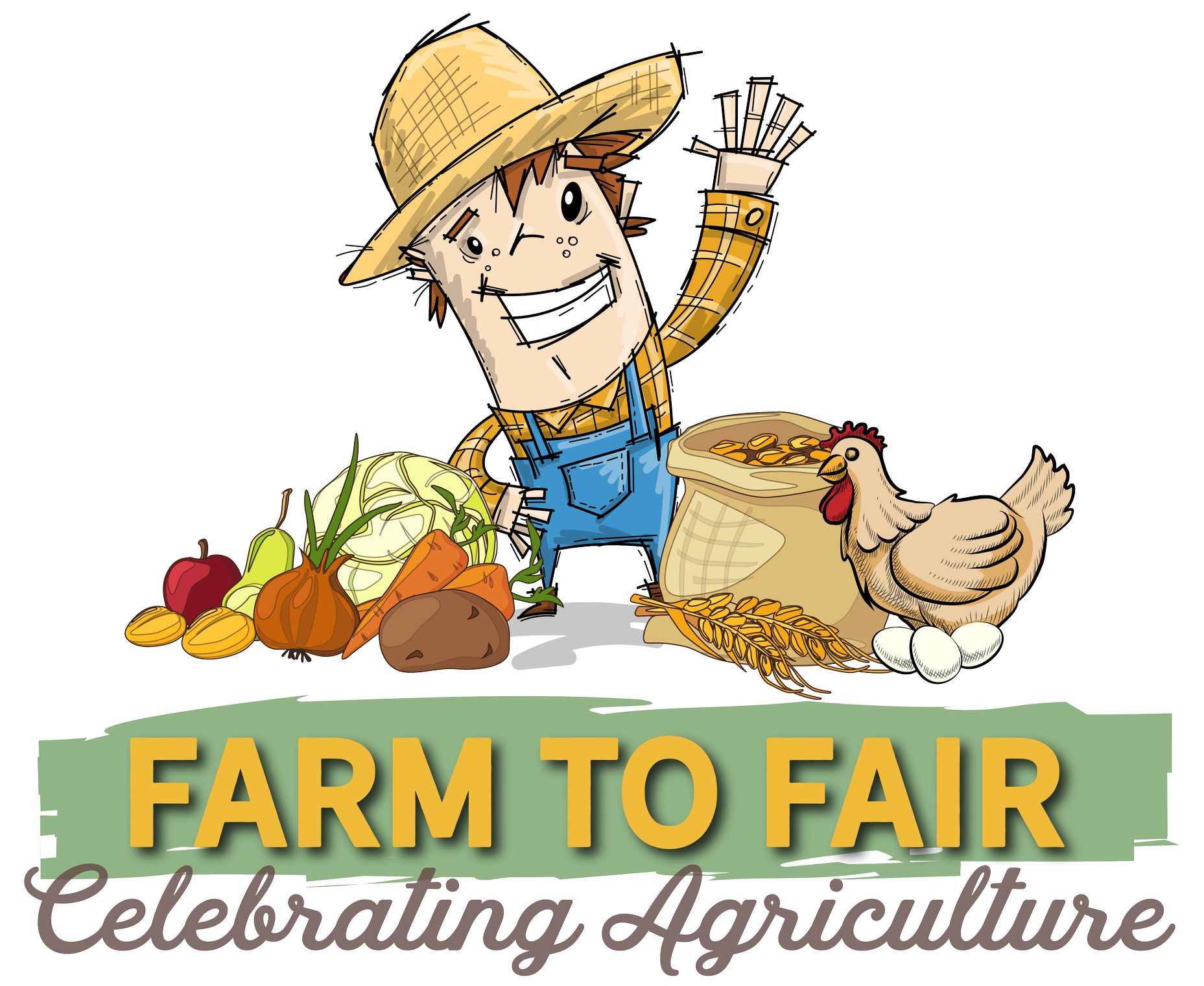 Cartoon farmer waves, surrounded by produce and a chicken;