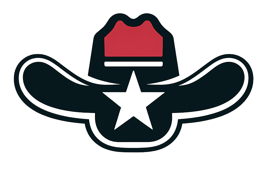 A black, wide-brimmed cowboy hat icon with a red crown and a prominent white star centered on the front.