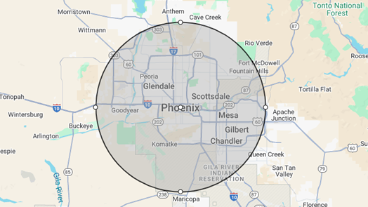 A map of phoenix is shown in a circle. A map of phoenix is shown in a circle.