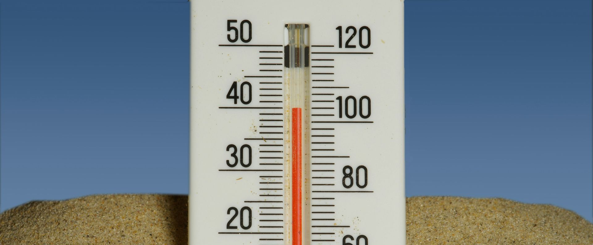 A thermometer is sitting in a pile of sand and shows a temperature of 40 degrees