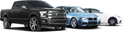 Black Truck, Blue Car, White Car lined up | Greentree Tire & Auto