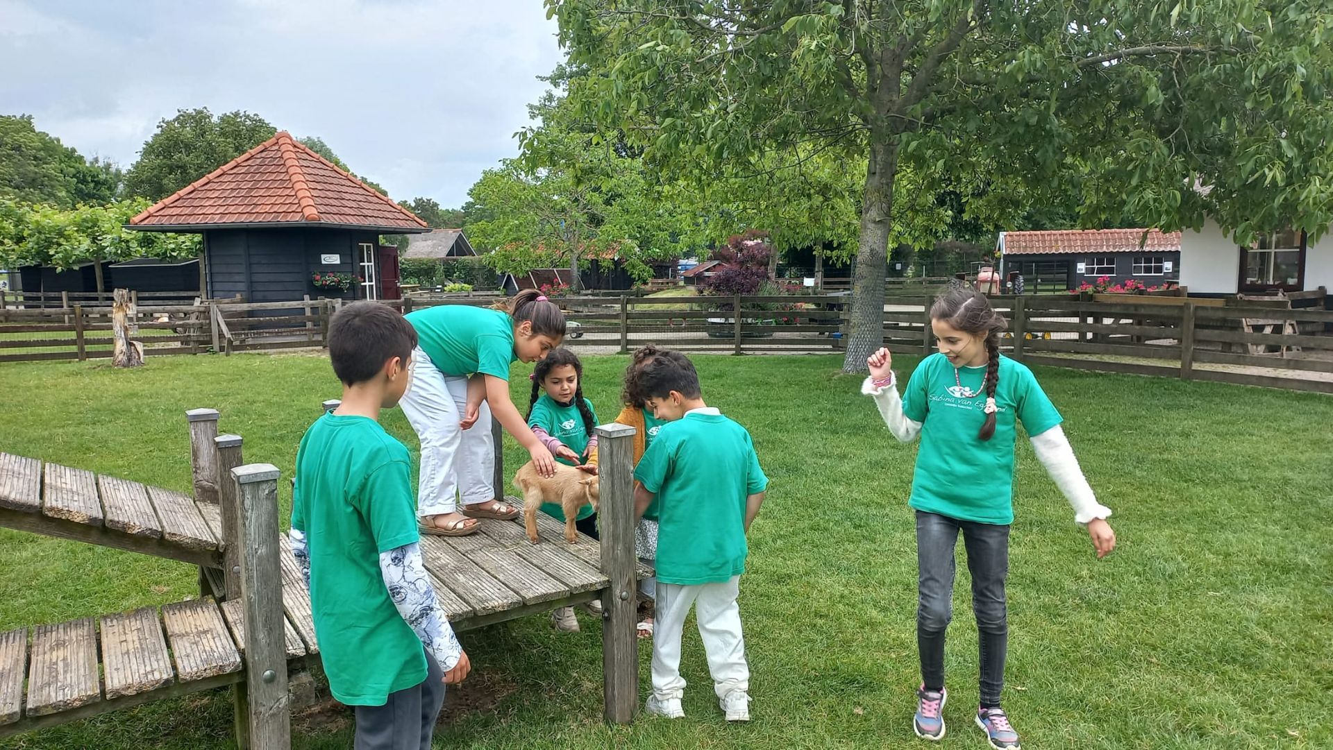 A group of children are playing on a wooden bridge in a park.