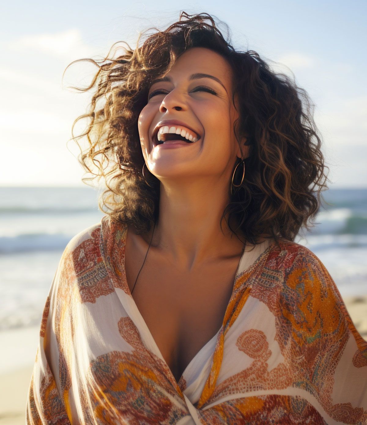 A woman with curly hair is laughing on the beach