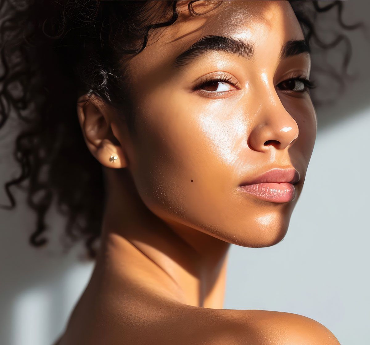 A close up of a woman 's face with the sun shining on it