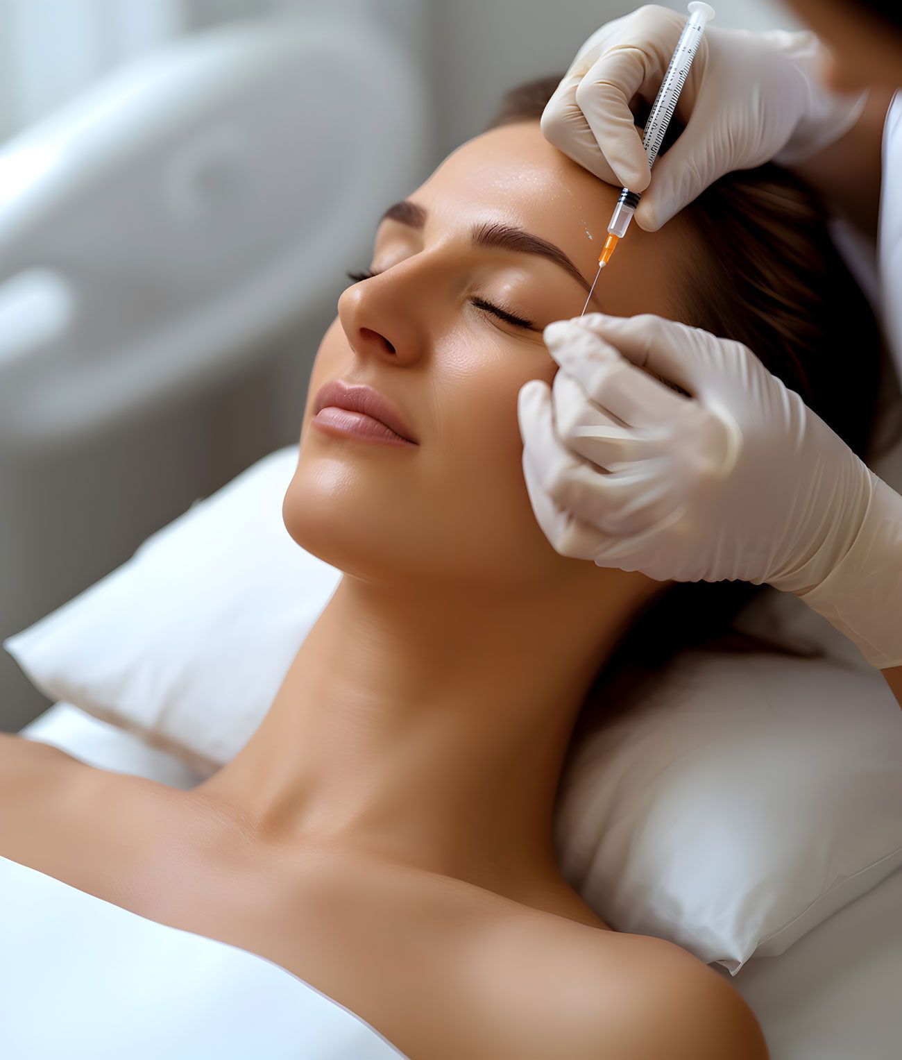 A woman is getting a botox injection in her forehead.