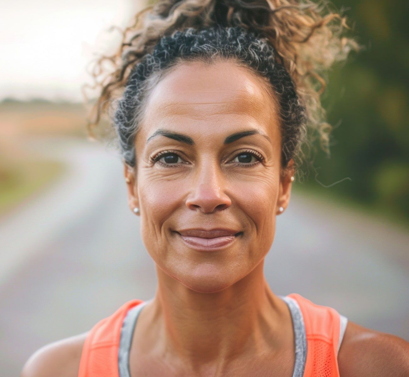 A woman with curly hair is smiling for the camera while standing on a road.