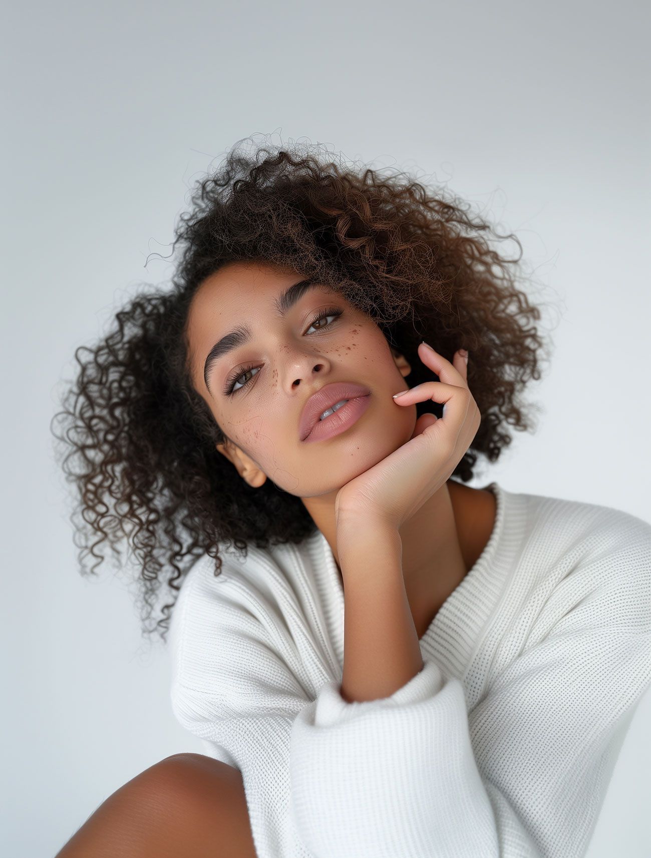 A woman with curly hair is wearing a white sweater and touching her face.