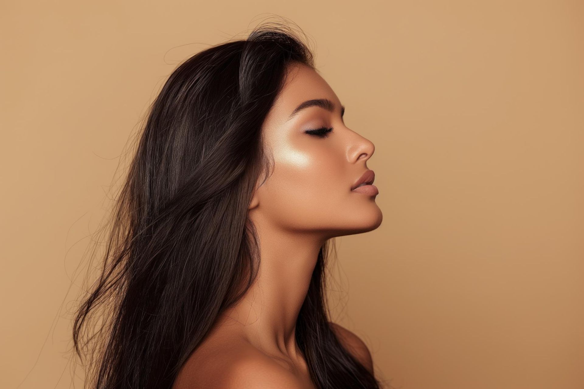 A close up of a woman 's face with her eyes closed.