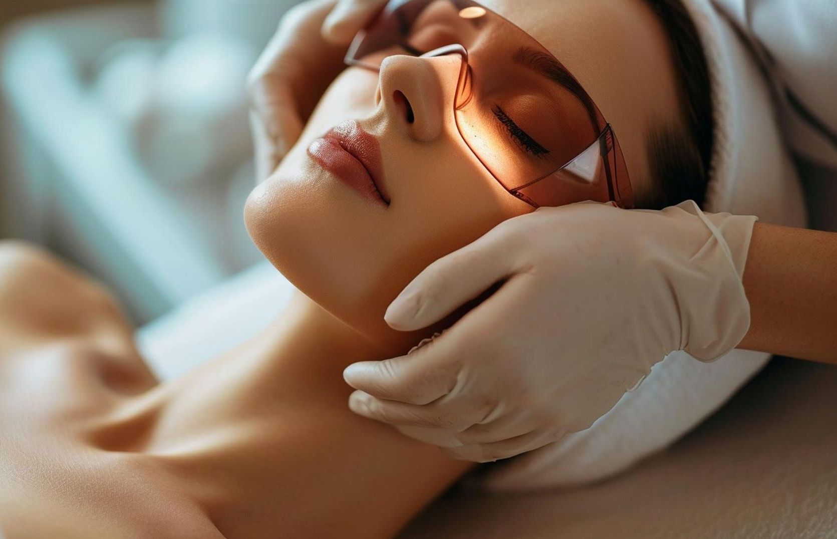 A woman is getting a laser treatment on her face.