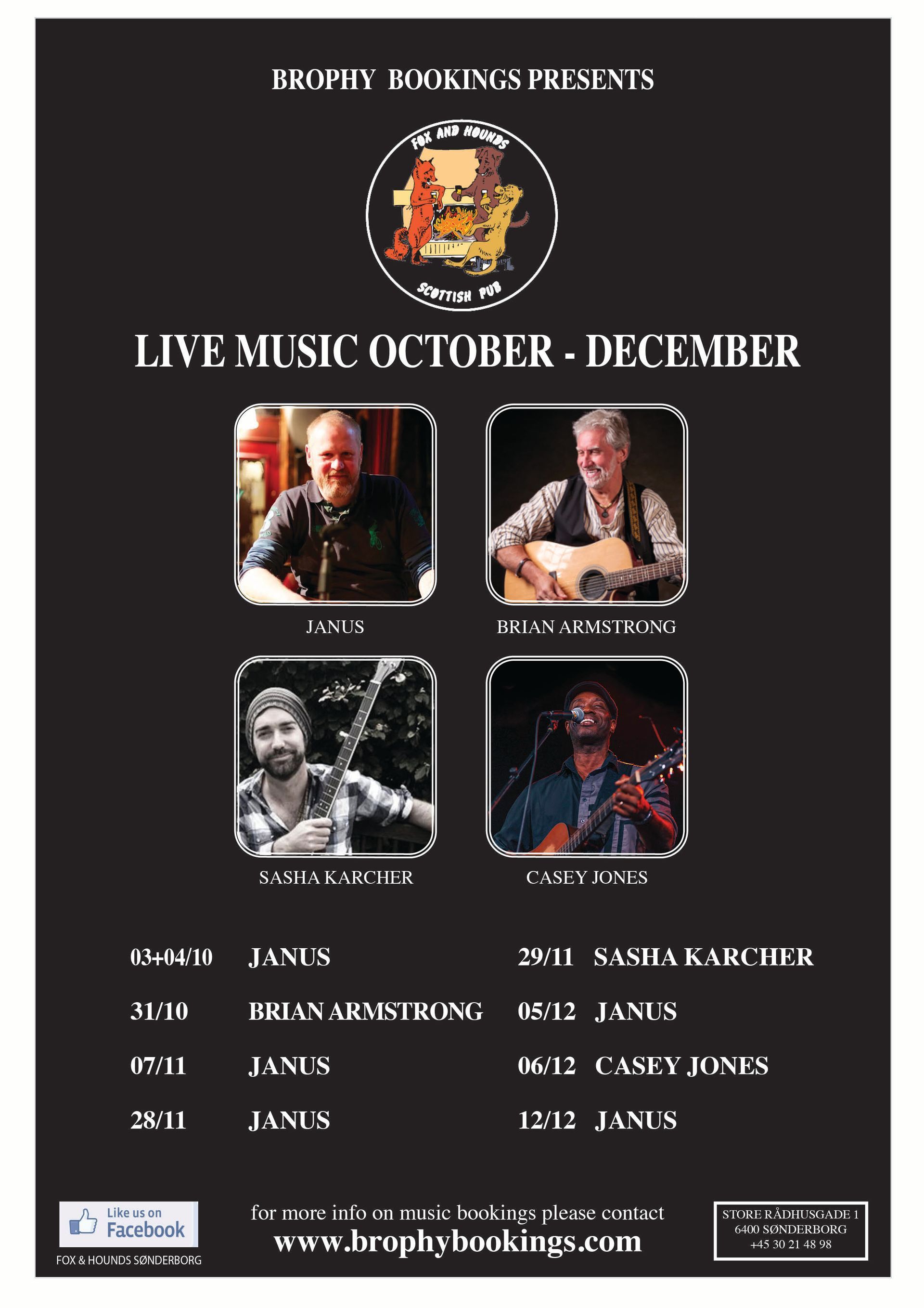 Plakat for liveoptrædener i oktober-december. Med fire musikere og datoer.