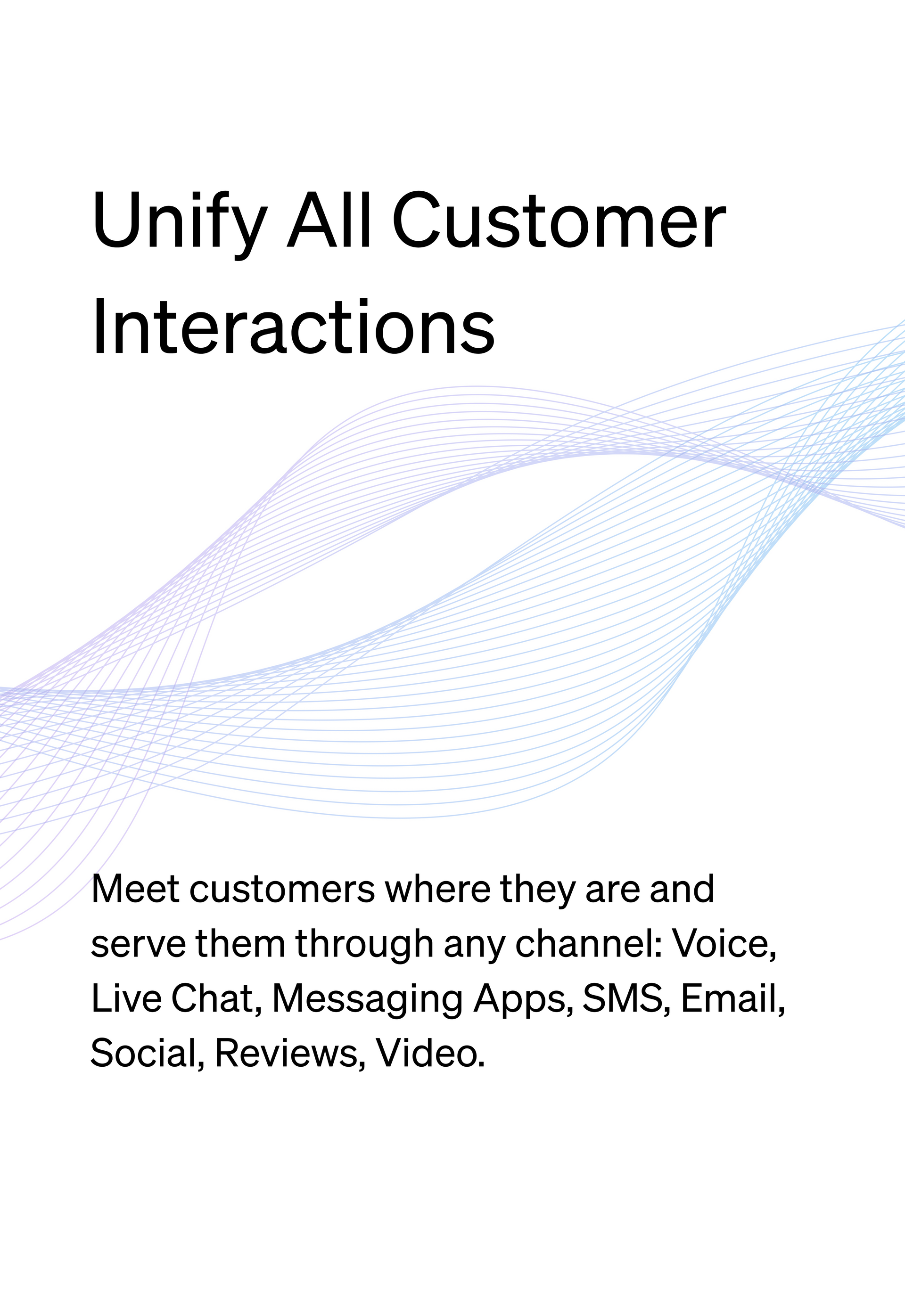 Text: "Unify All Customer Interactions" with a stylized graphic of a wavy lines. Details customer service channels.