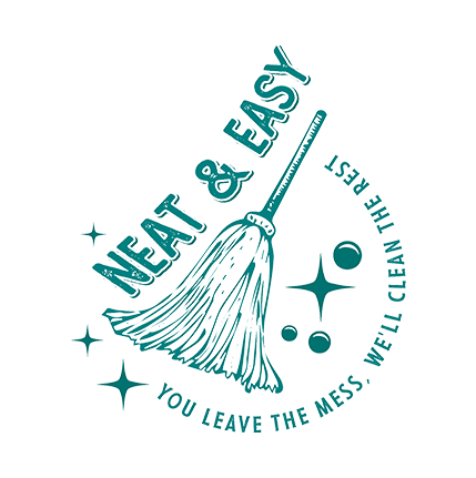 Neat & Easy cleaning services logo with mop, bubbles and sparkles