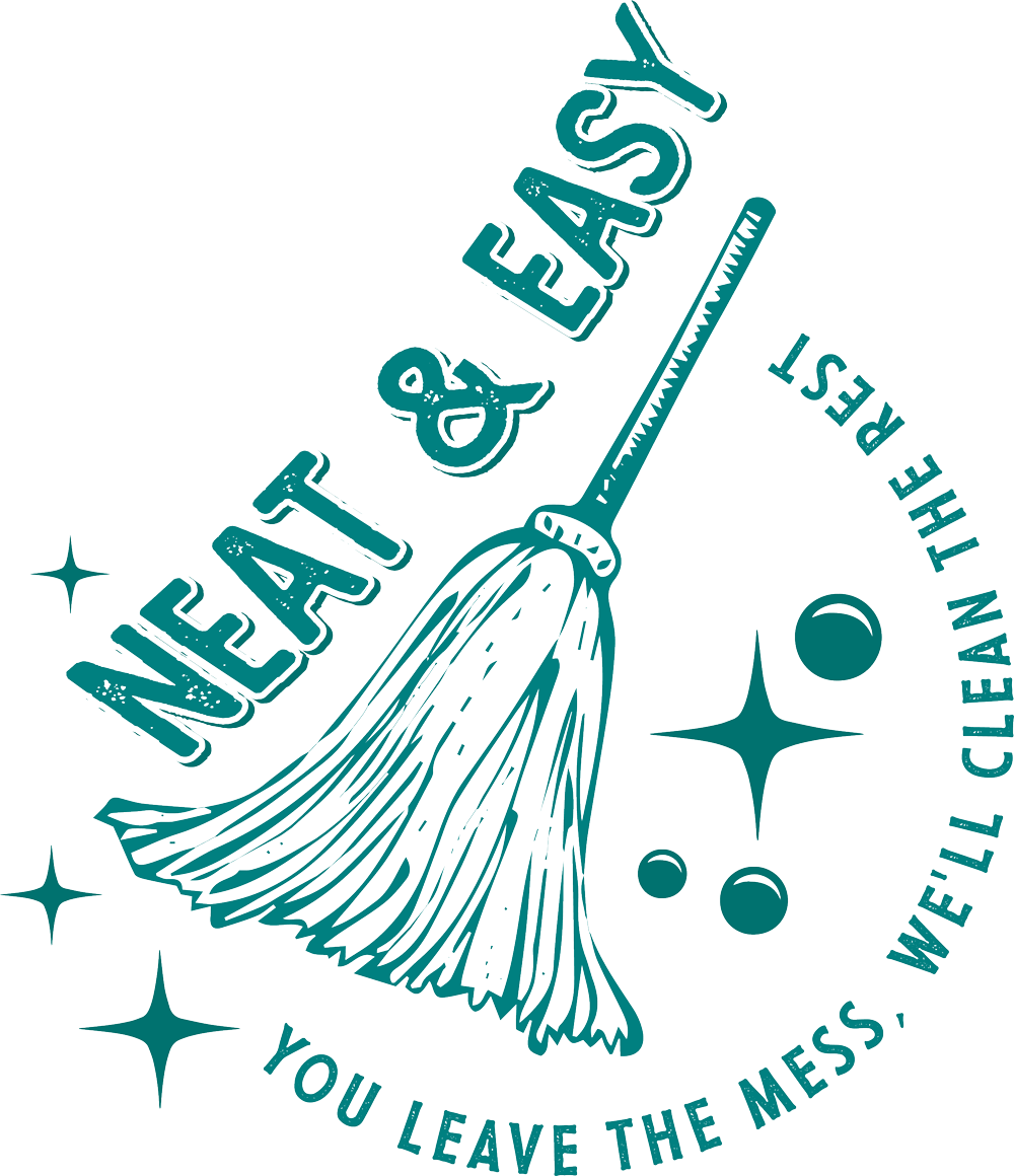 Neat & Easy cleaning services logo with mop, bubbles and sparkles