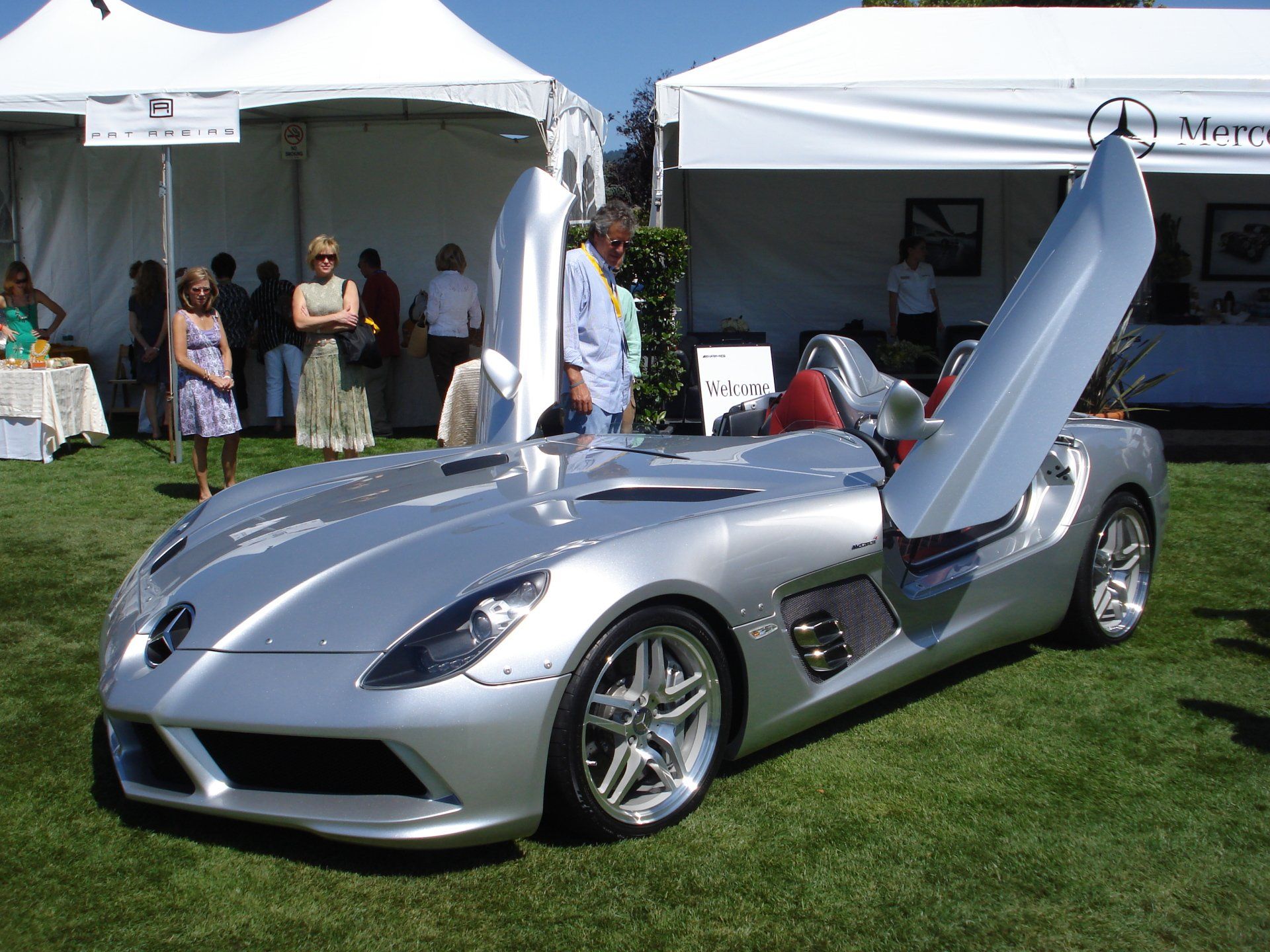 A silver sports car with the hood open is parked in the grass