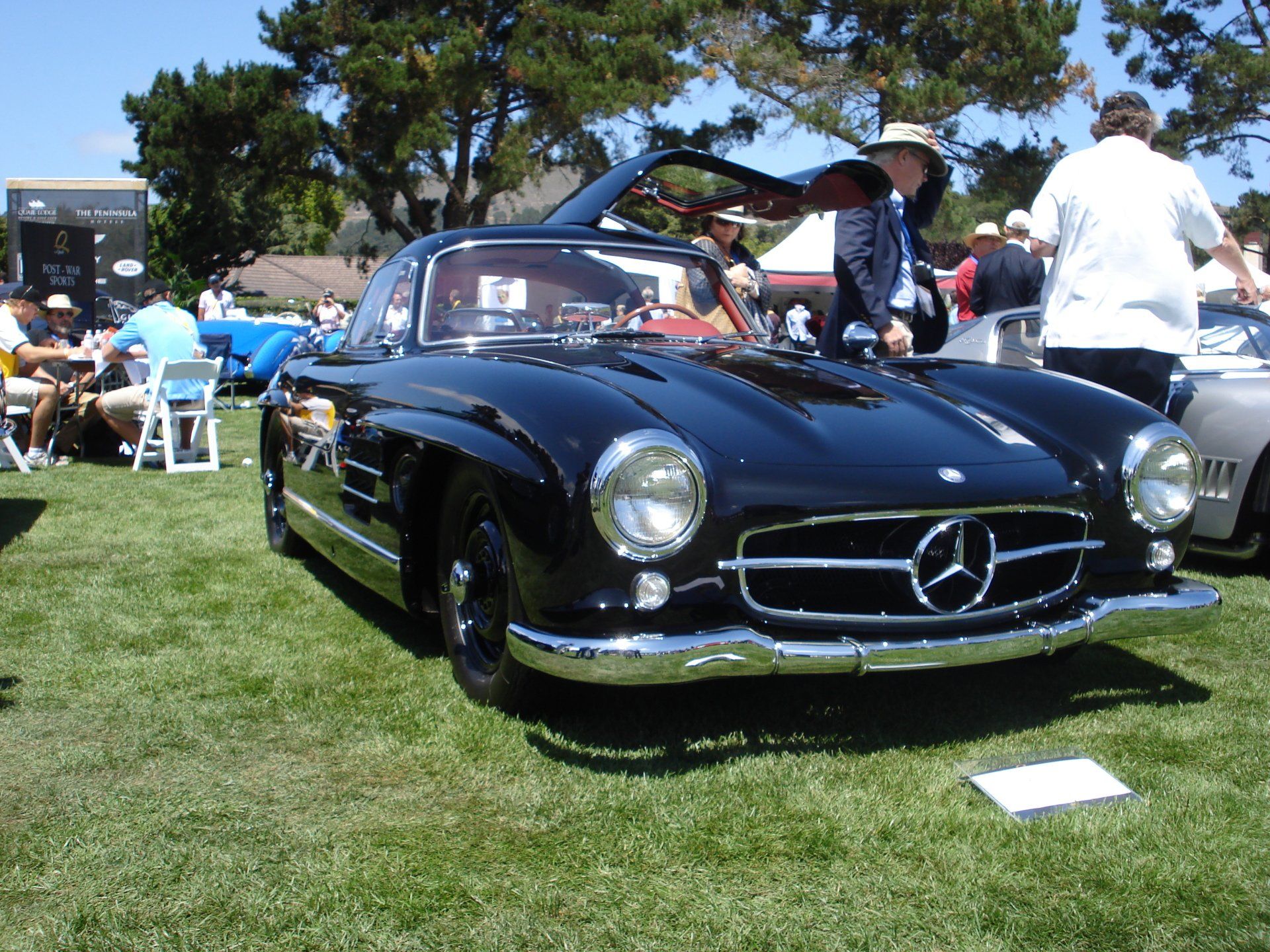 A black mercedes is parked in the grass at a car show