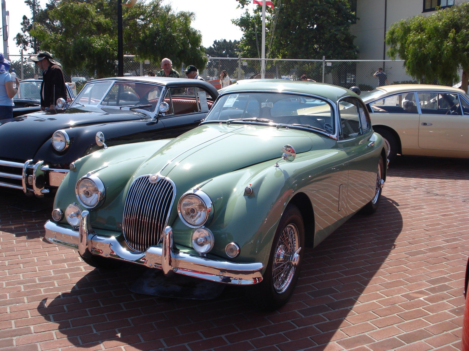 A green jaguar is parked next to a black car