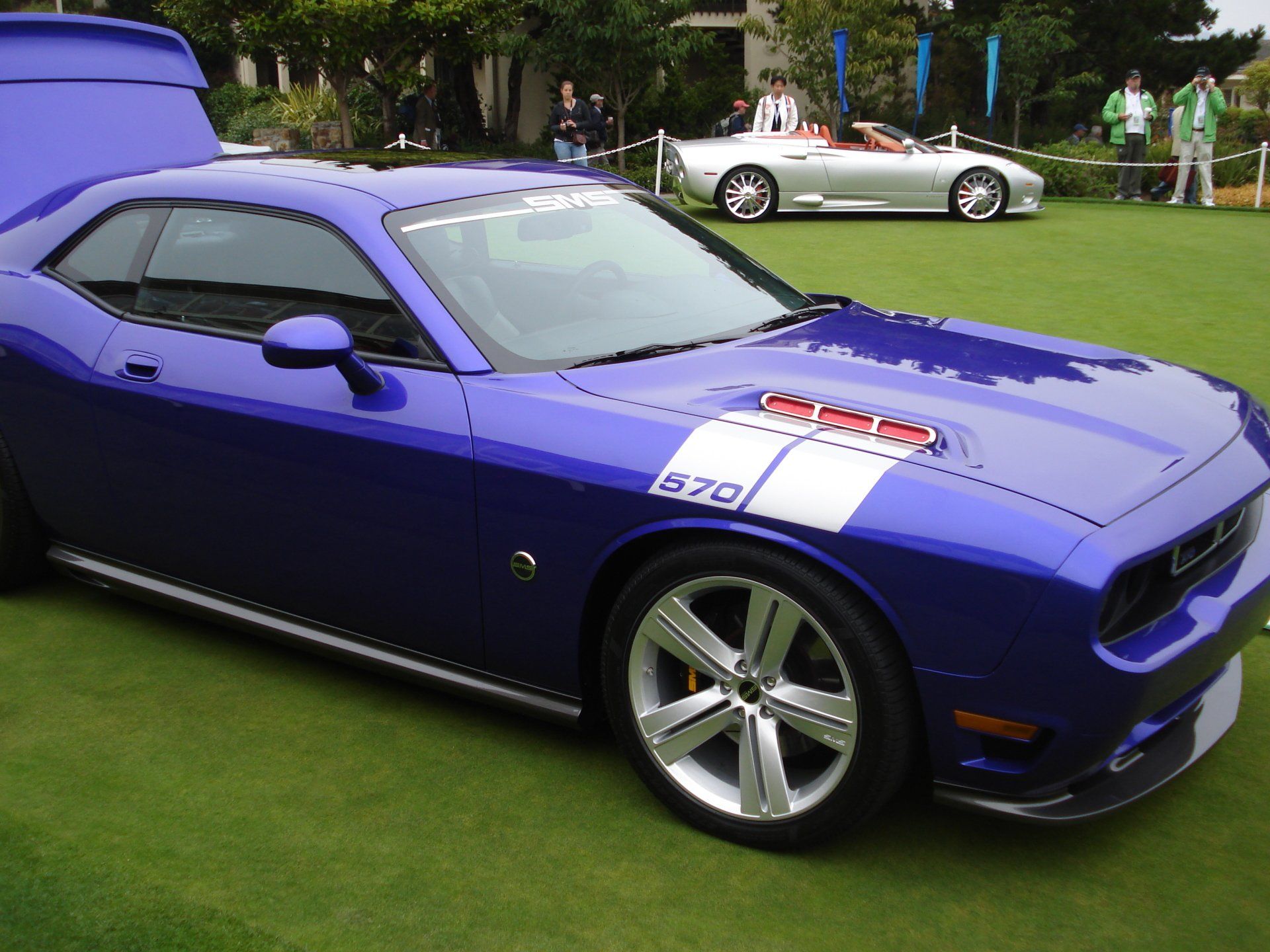 A blue dodge challenger is parked on the grass
