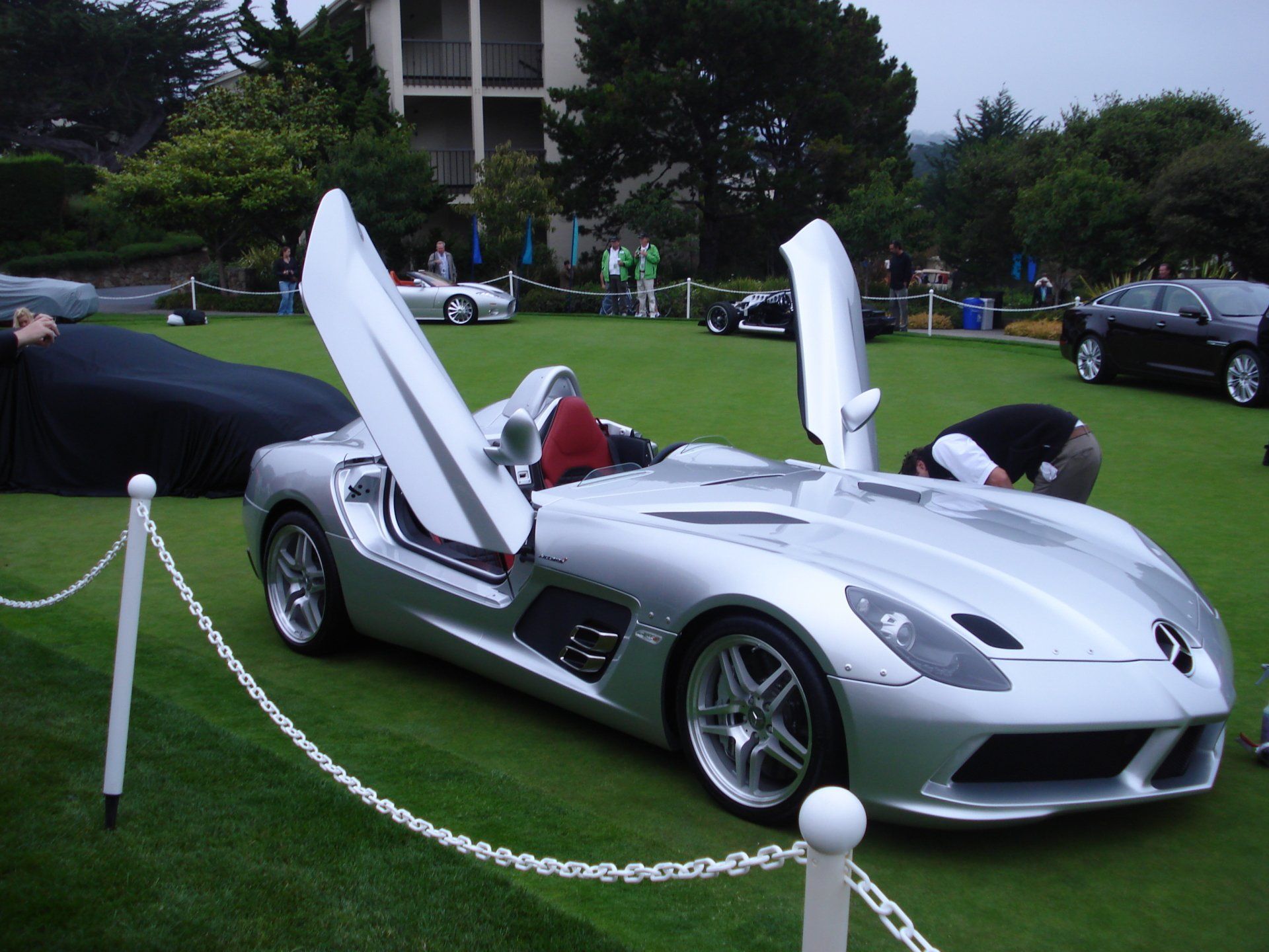 A silver sports car is parked in a grassy field with its doors open