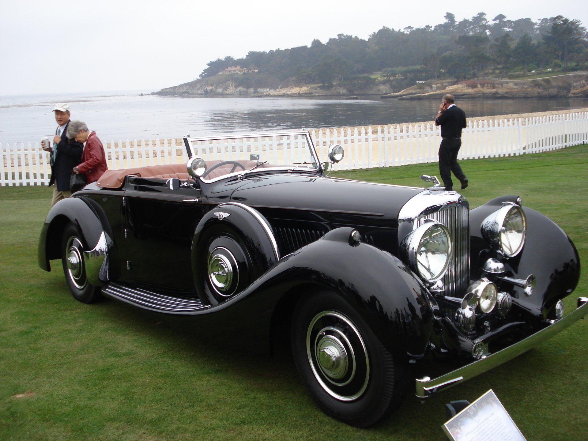 A black car is parked on a lush green field