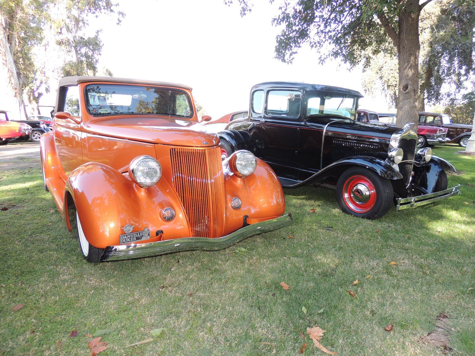 Two old cars are parked next to each other in the grass.