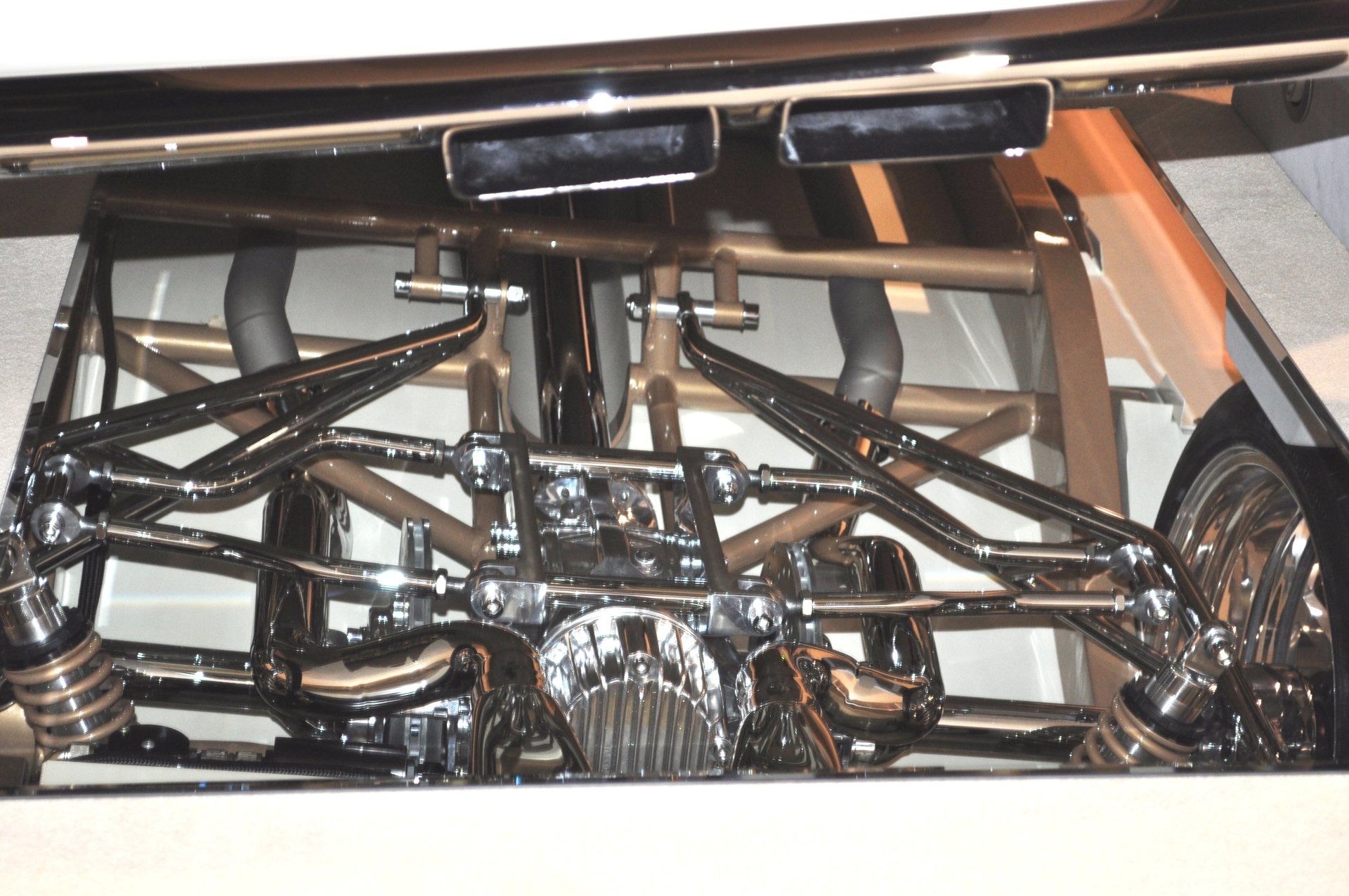 A close up of the underside of a car