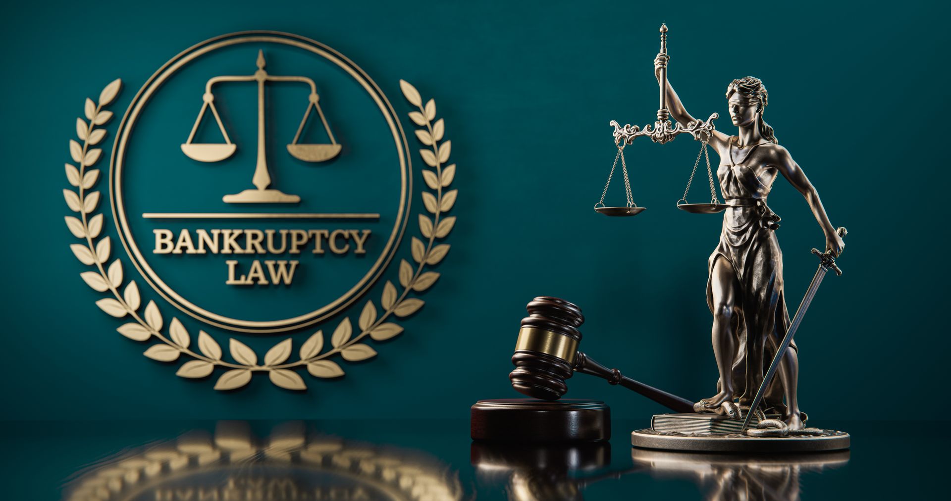 Lady Justice, gavel, and emblem highlight themes of fairness in bankruptcy law