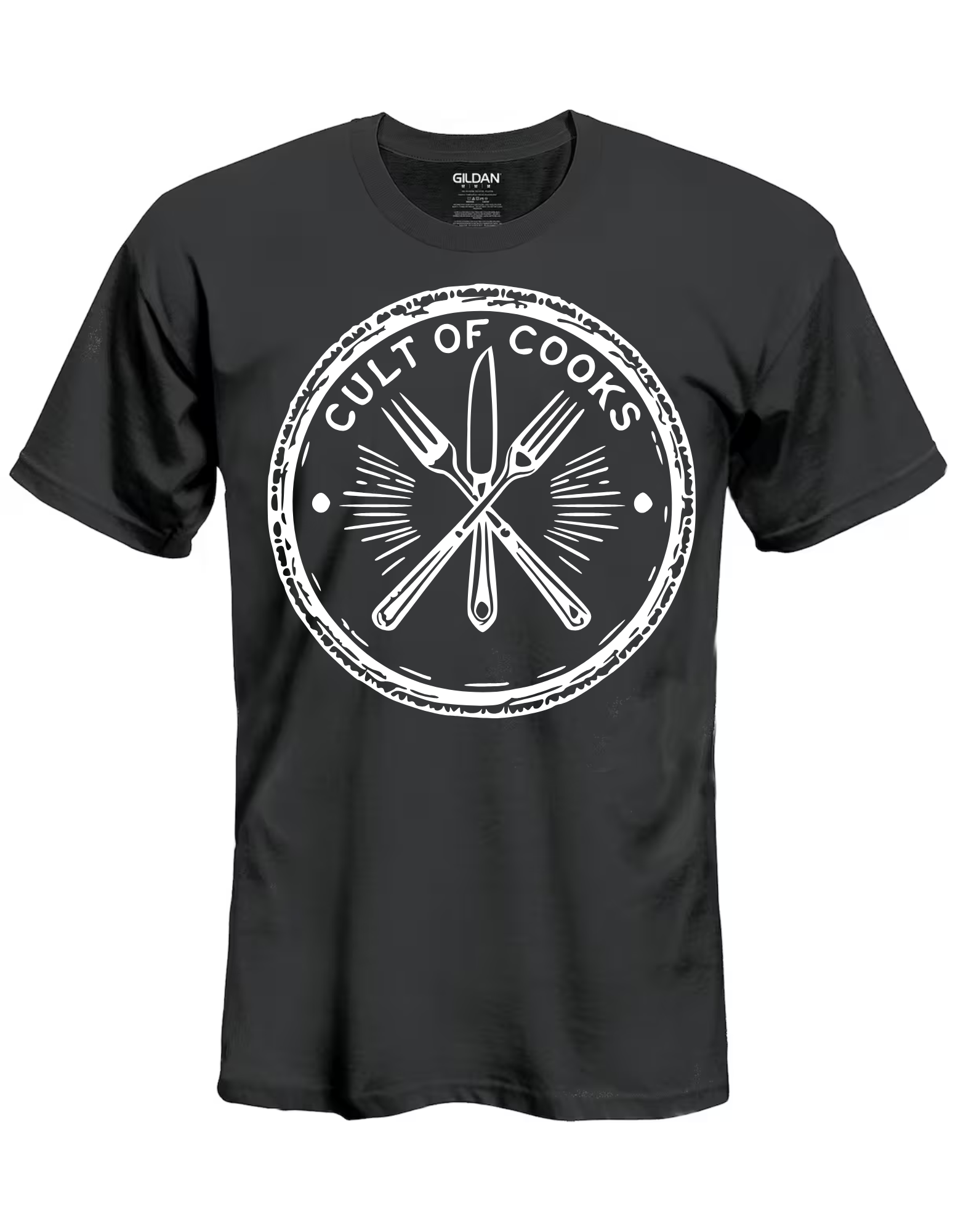 A black t-shirt with the words cult of cooks on it