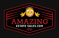 Logo for Amazing Estate Sales. A happy face with outstretched arms inside a red and black geometric shape.
