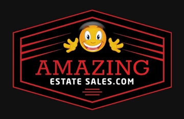 Logo for Amazing Estate Sales. A happy face with outstretched arms inside a red and black geometric shape.