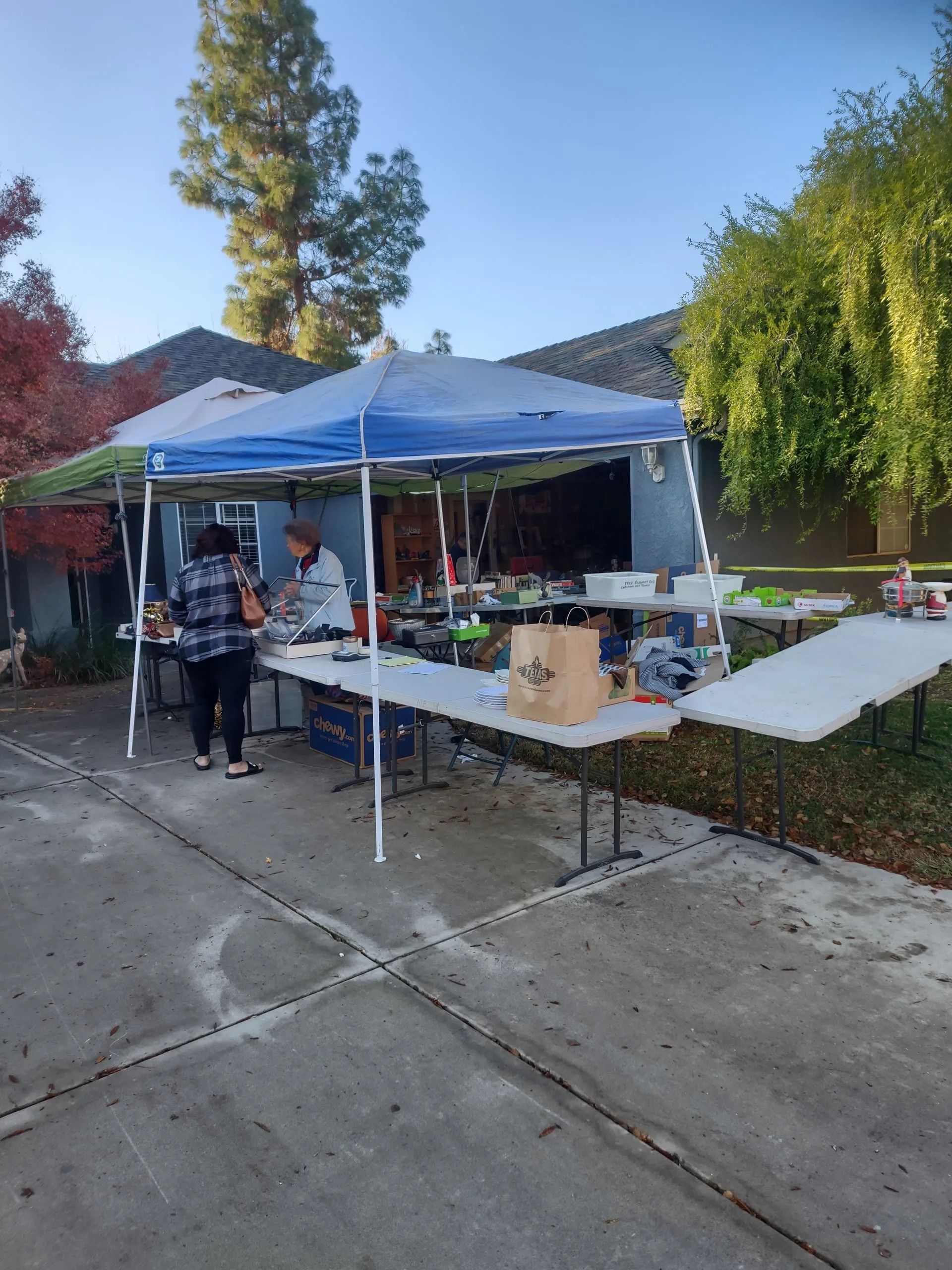 Two people at a yard sale under a blue canopy with tables of items, outdoors.