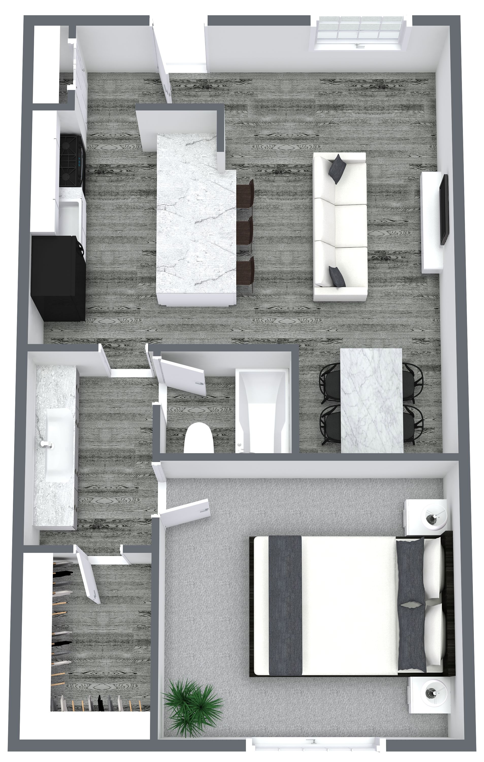 Floor plan of a small apartment with a bedroom, bathroom, kitchen, and living area.
