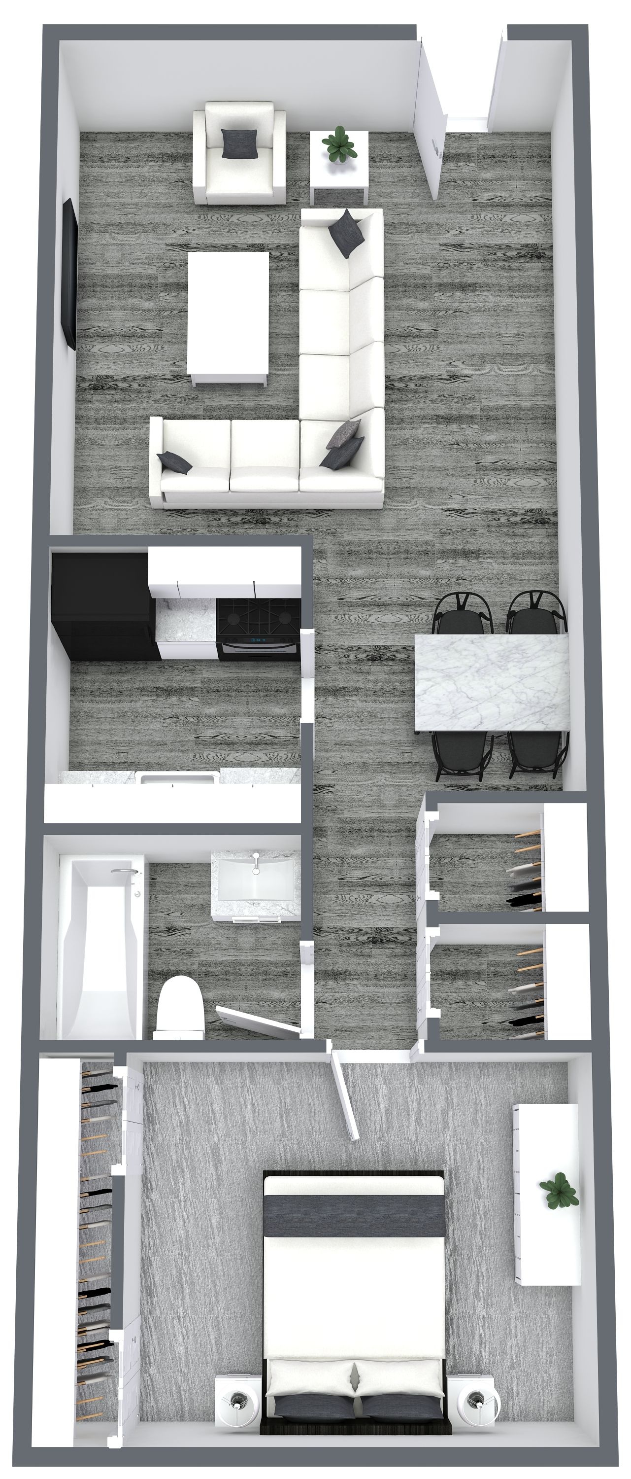 Floor plan of an apartment with living, kitchen/dining, bathroom, and bedroom; all white furniture.