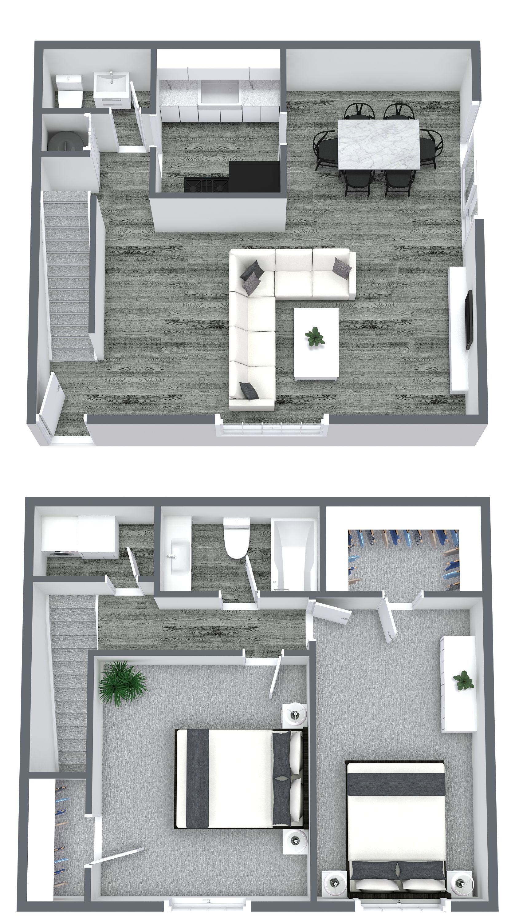 Two-story floor plan: kitchen/living room upstairs, two bedrooms and bathroom downstairs. Gray and white decor.