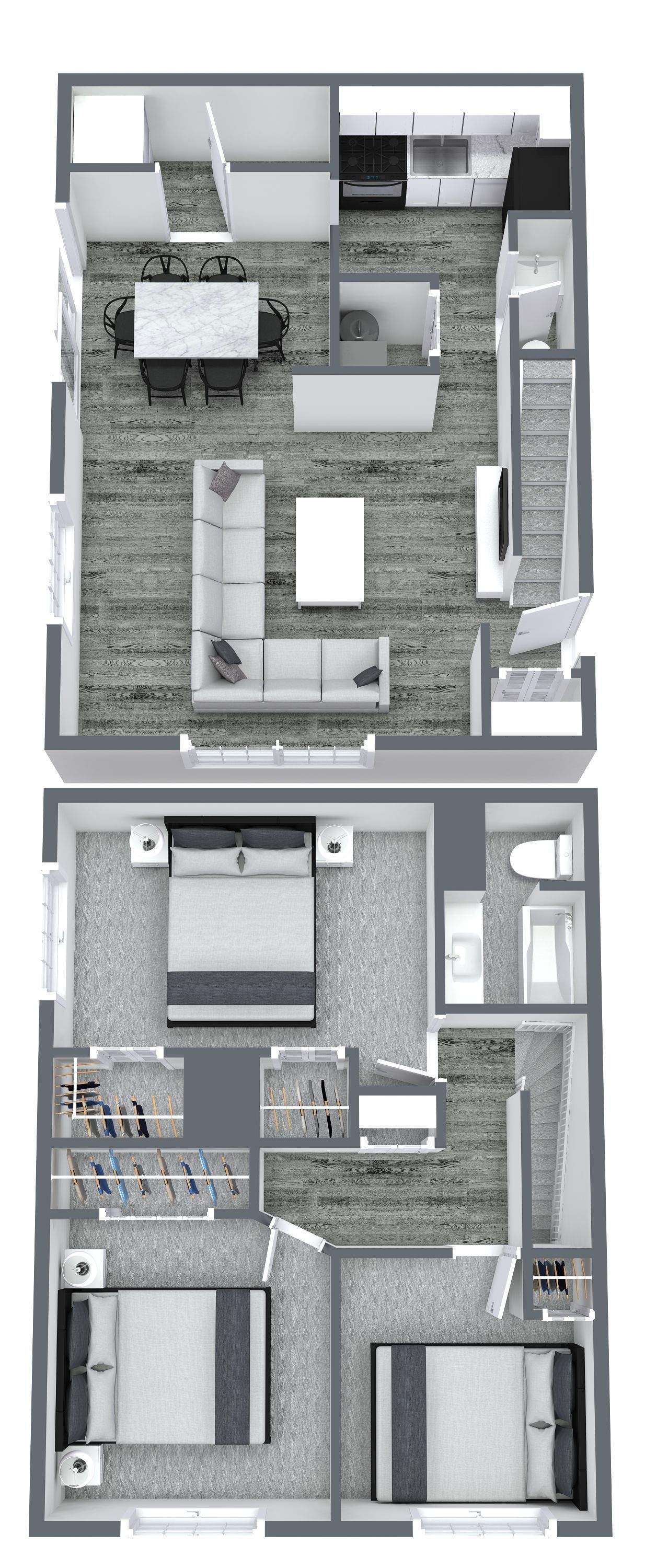 Floor plan of a two-story house: kitchen, living room, dining area upstairs; three bedrooms, two bathrooms downstairs.
