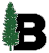Green pine tree beside a black letter B with silver trim.