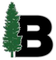 Green pine tree next to a black letter B with a gray outline.
