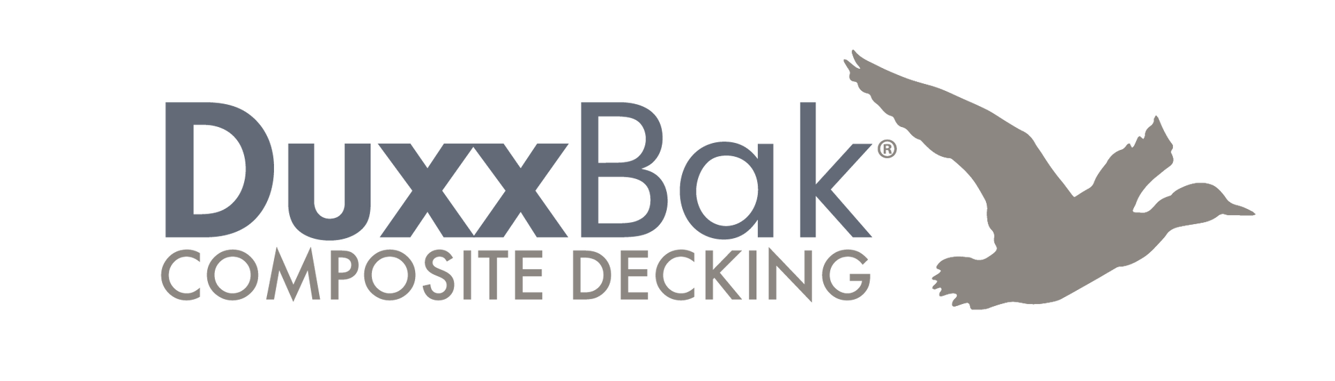 Logo for DuxxBak Composite Decking, with text and a gray duck silhouette.