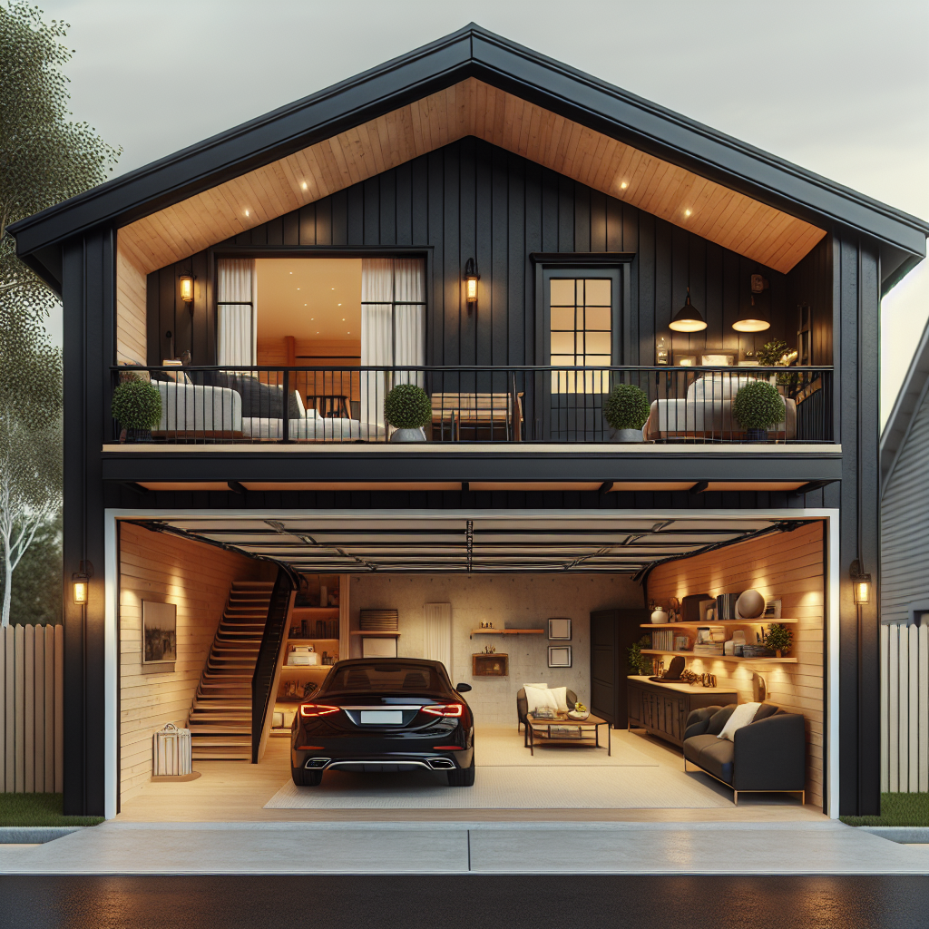 A gray garage with a steeple on top of it