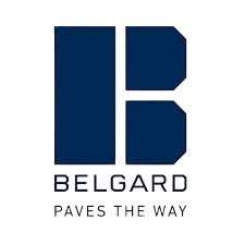 A blue and white logo for a company called belgard paves the way.