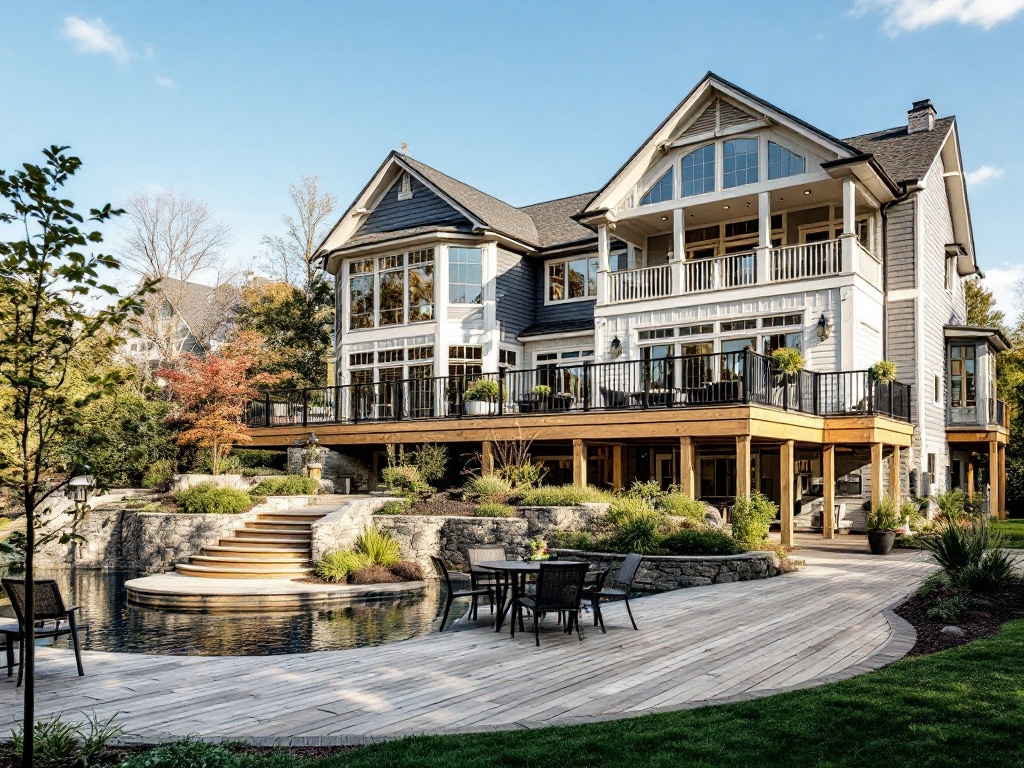 A large house with a large deck and patio area in front of it.
