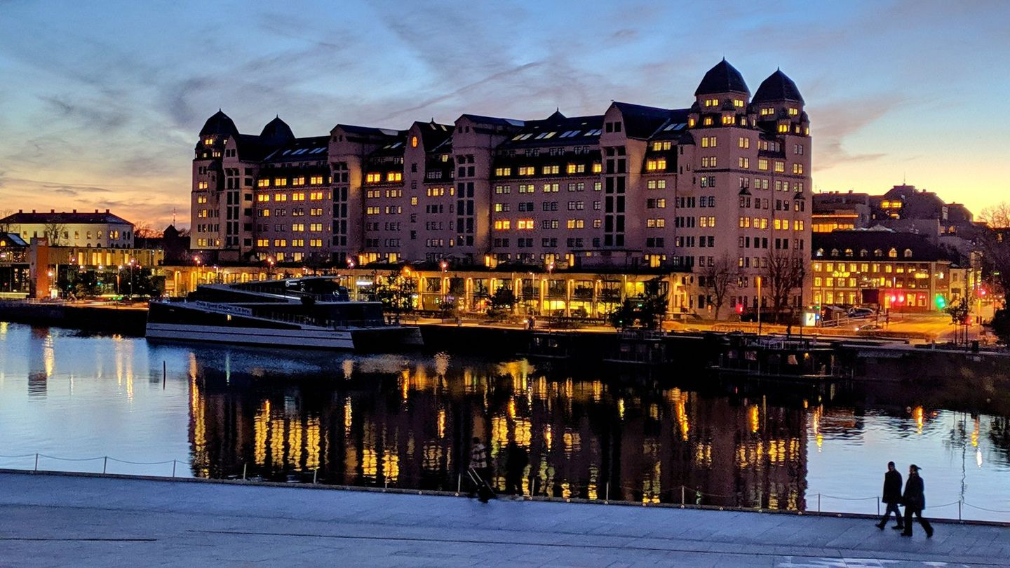 The evening view with the building of historic Port Storage by the Opera Promenade