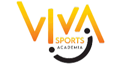 El logotipo de viva sports. gimnasia tiene una cara sonriente.