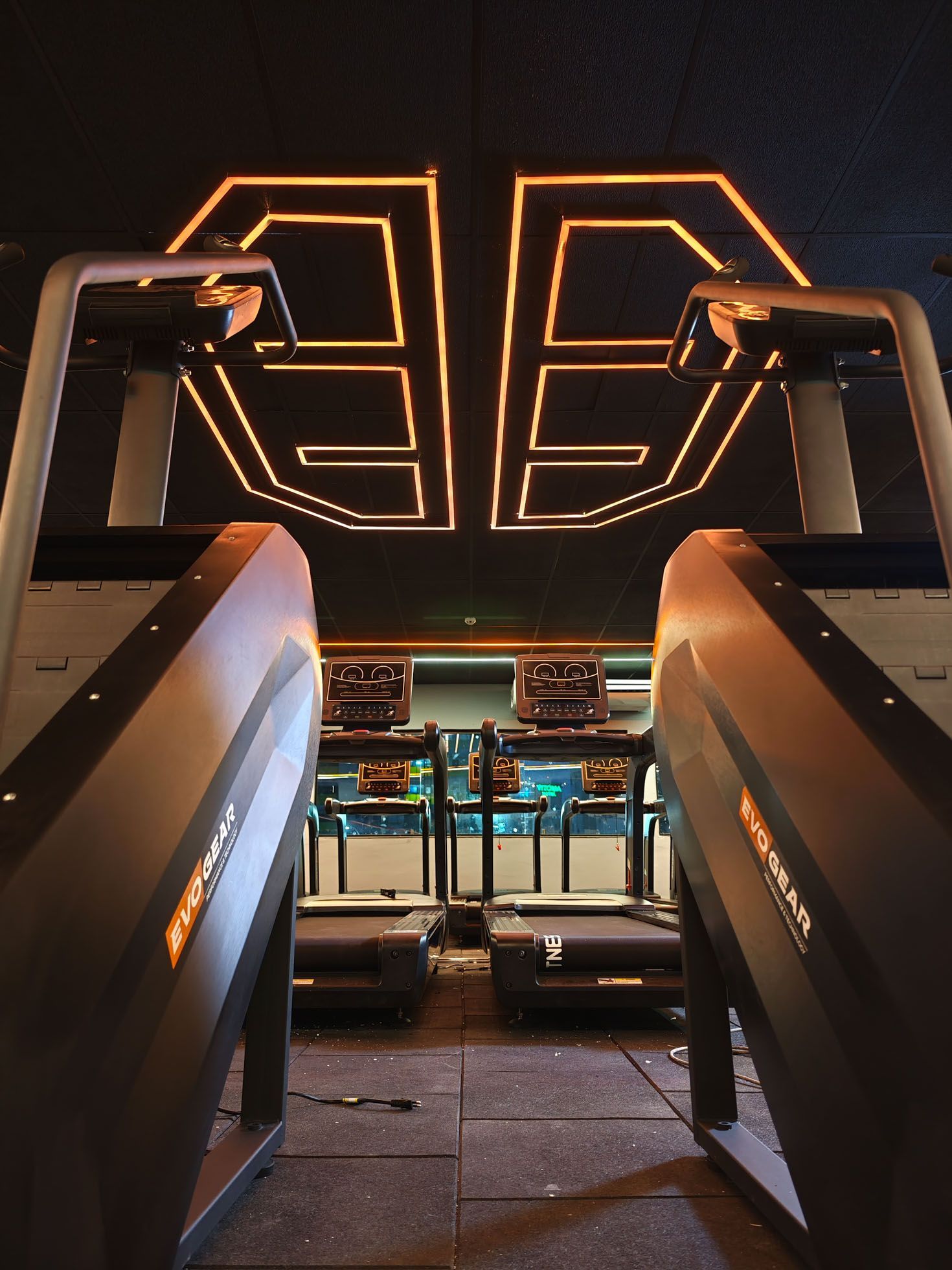 One gym with mats evogear and a sign that says ae