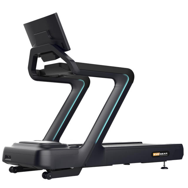 Una cinta de correr con un monitor conectado sobre un fondo blanco.