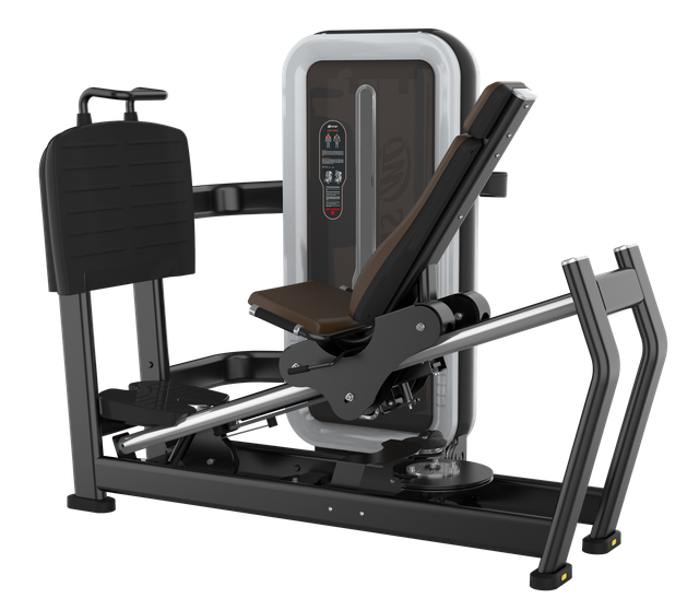 Uma máquina de leg press é mostrada em um fundo branco.