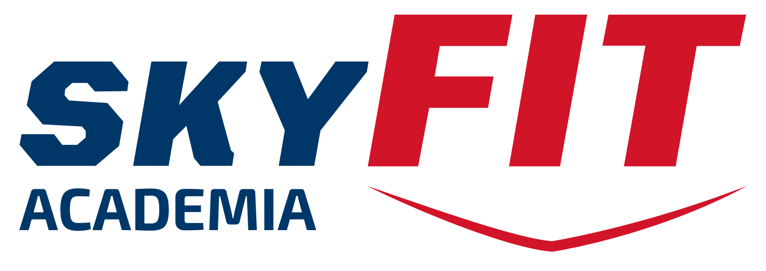 O logotipo da skyfit academia é azul e vermelho com um sorriso.