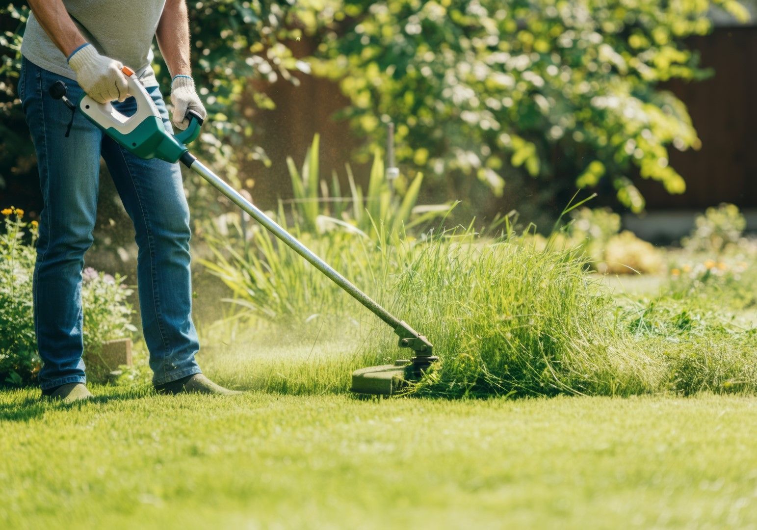 Person using a string trimmer to cut grass in a yard.