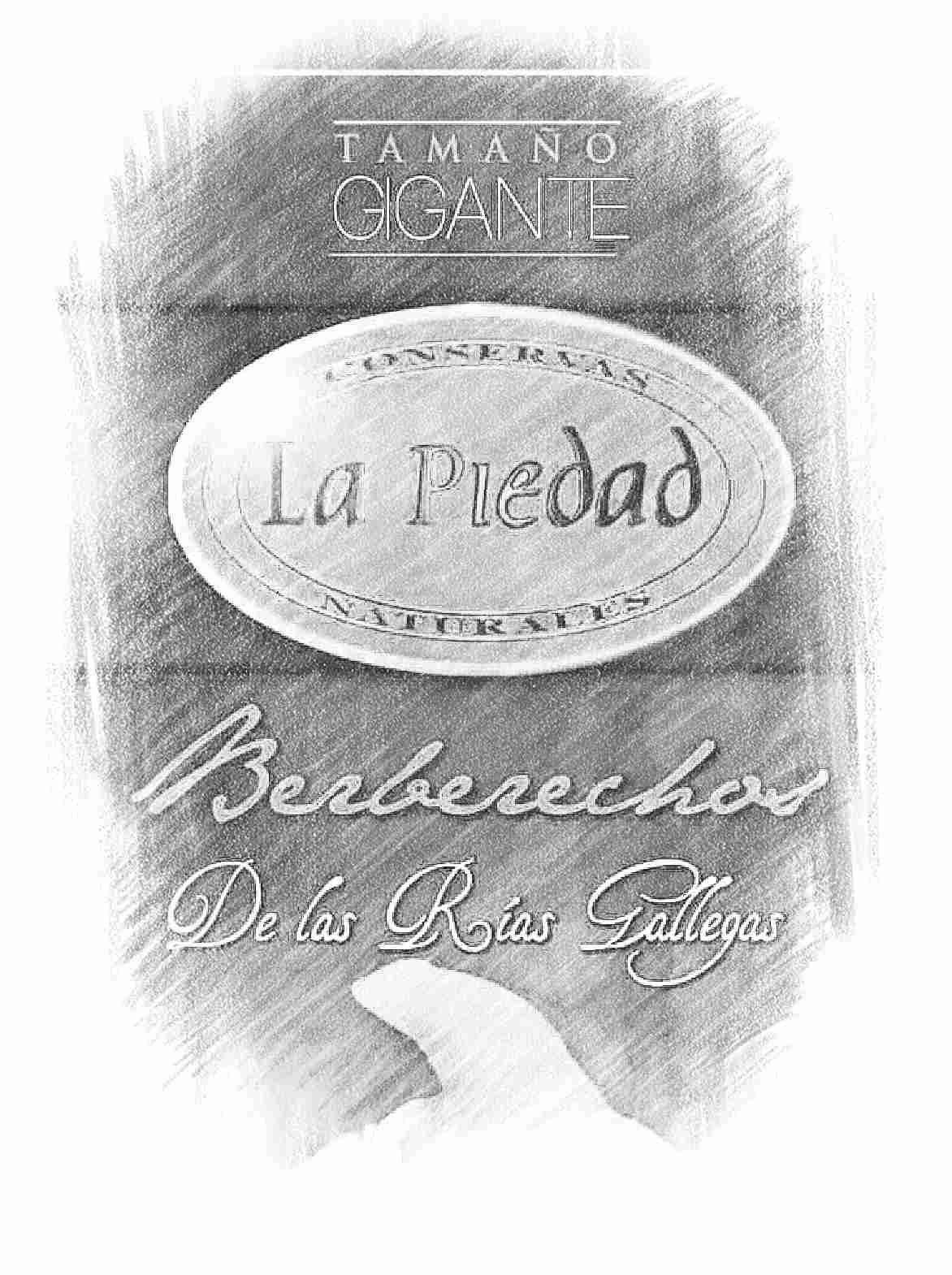 Una etiqueta en blanco y negro para las almejas gigantes en conserva de La Piedad, procedentes de las rías gallegas.